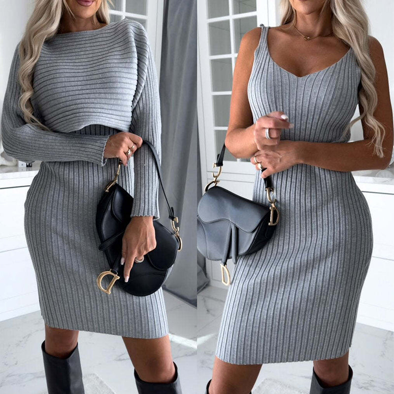 2pcs Suit Women's Solid Stripe Long-sleeved Top 